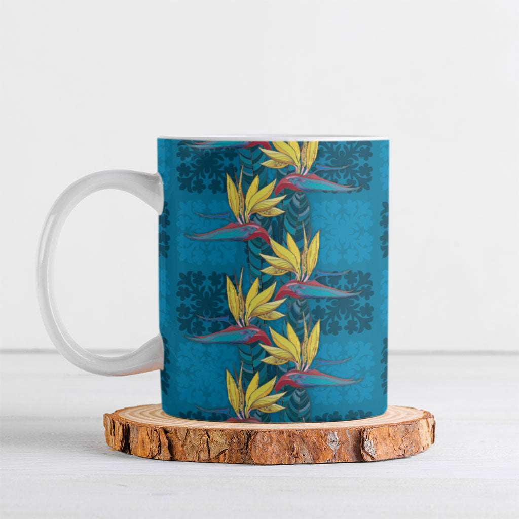 Hawaii Waikiki King Ceramic Mug Blue Quilt With Pua Manu