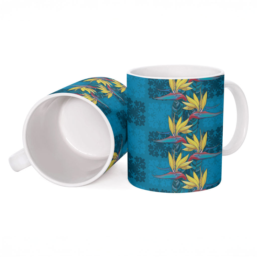 Hawaii Waikiki King Ceramic Mug Blue Quilt With Pua Manu