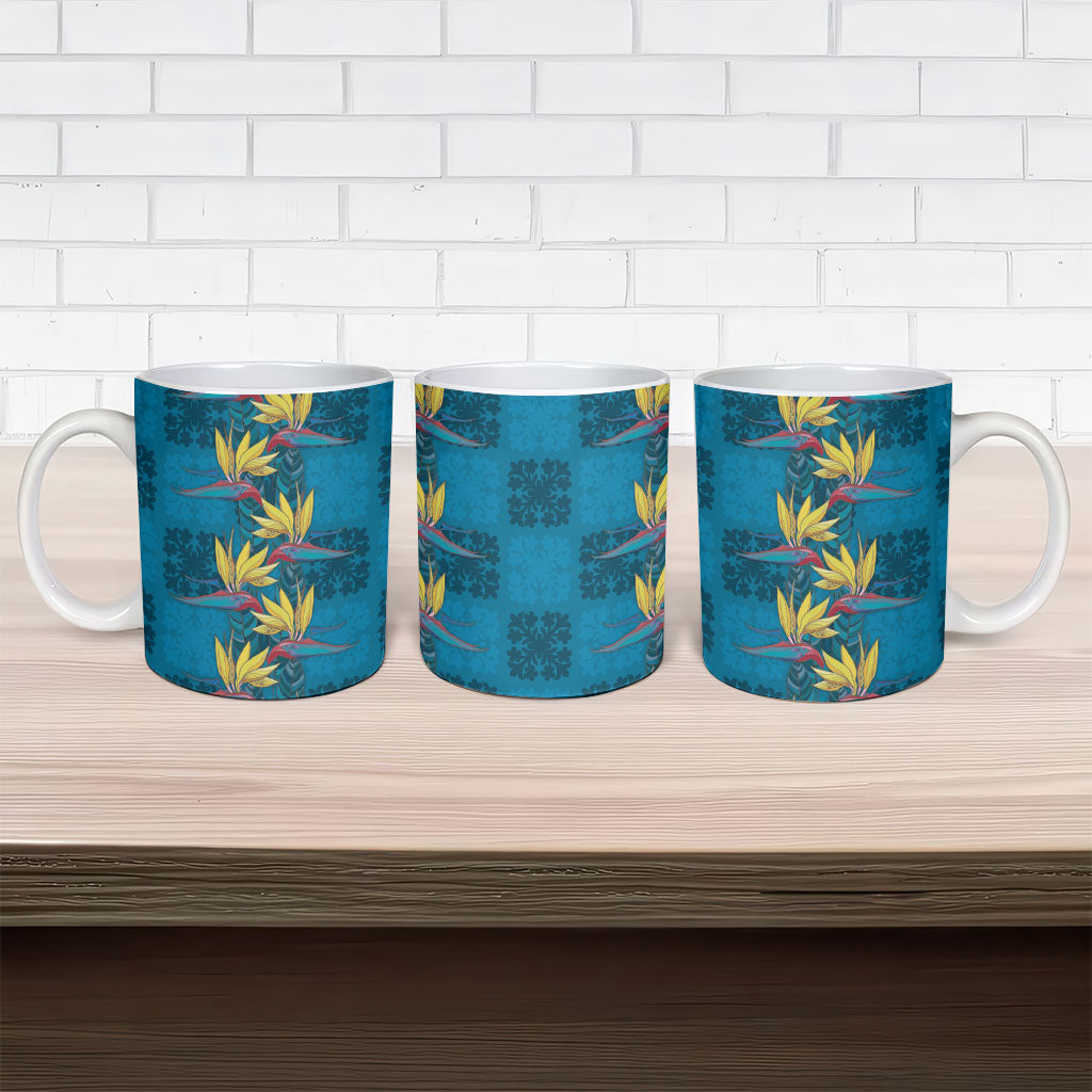 Hawaii Waikiki King Ceramic Mug Blue Quilt With Pua Manu