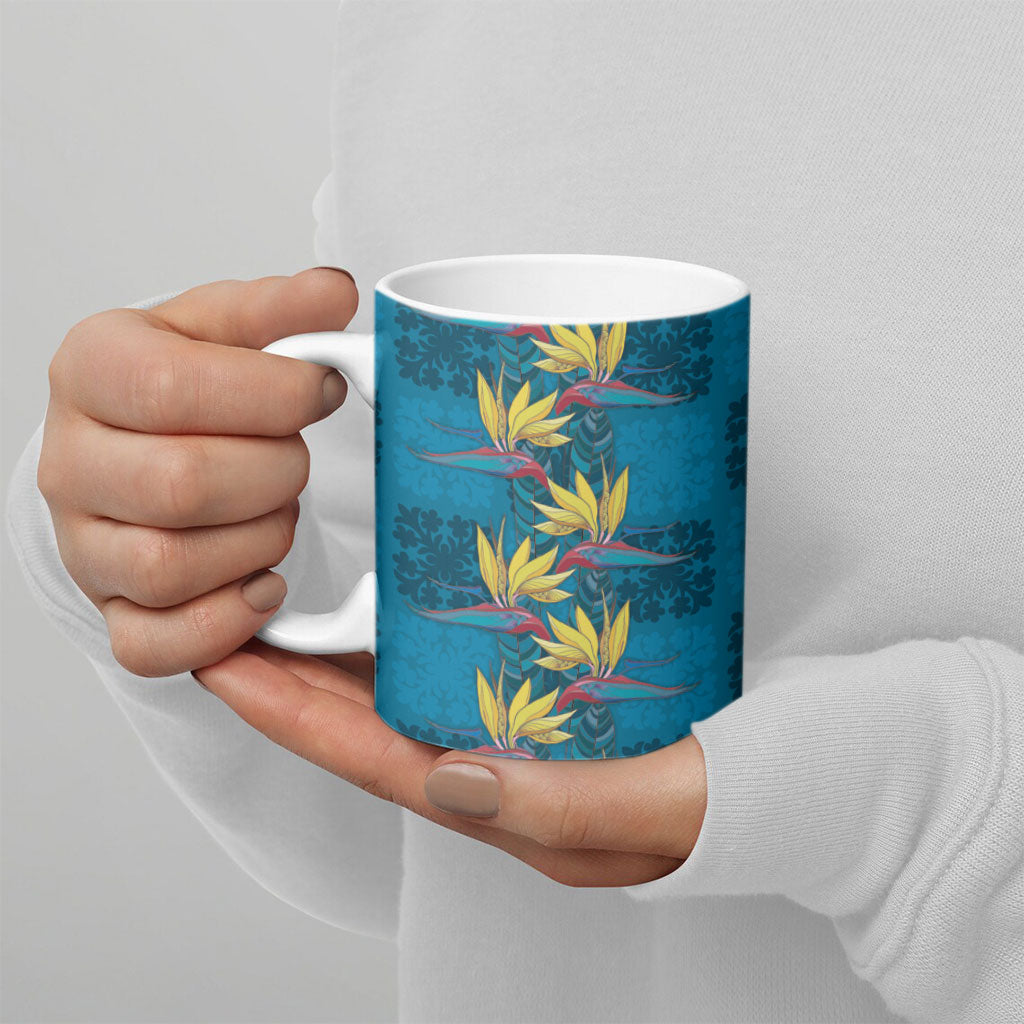 Hawaii Waikiki King Ceramic Mug Blue Quilt With Pua Manu