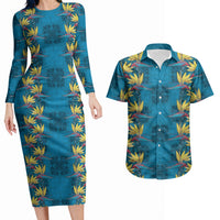 Hawaii Waikiki King Couples Matching Long Sleeve Bodycon Dress and Hawaiian Shirt Blue Quilt With Pua Manu