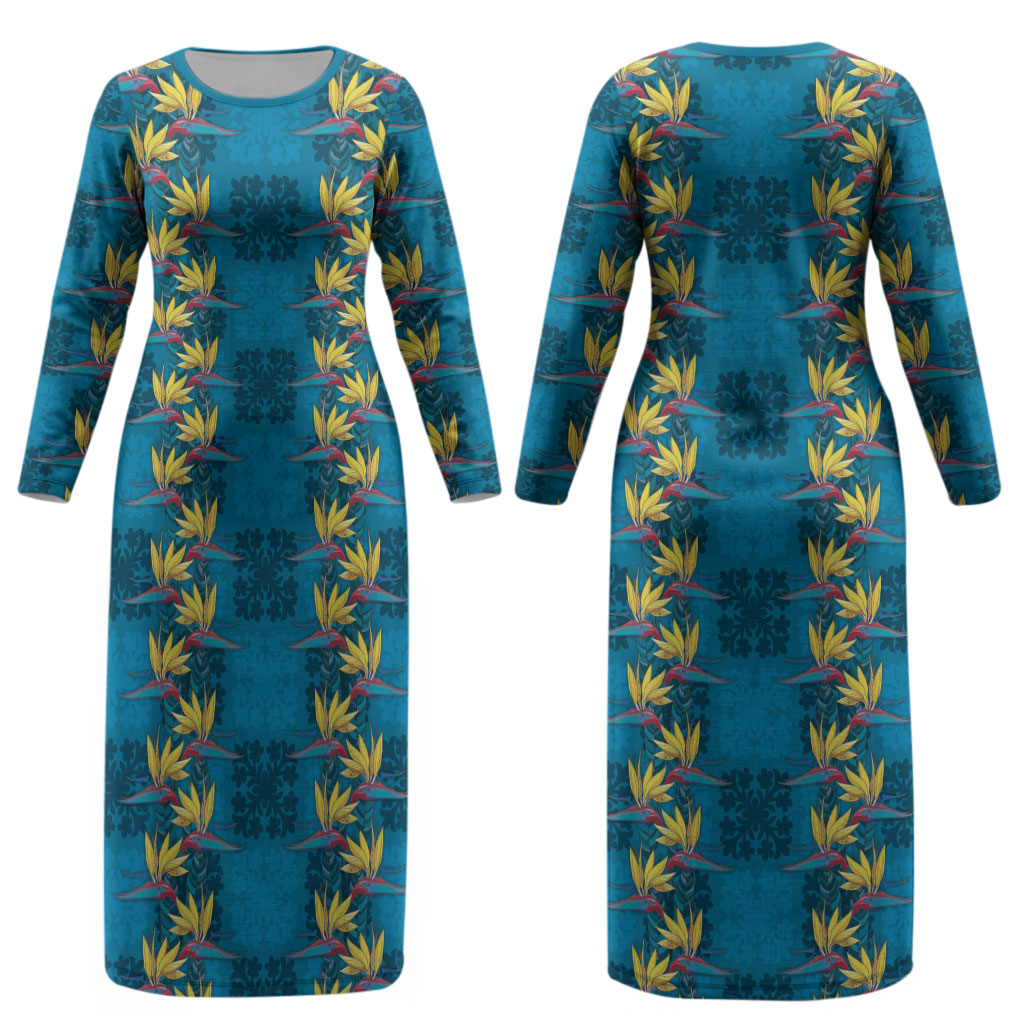 Hawaii Waikiki King Couples Matching Long Sleeve Bodycon Dress and Hawaiian Shirt Blue Quilt With Pua Manu