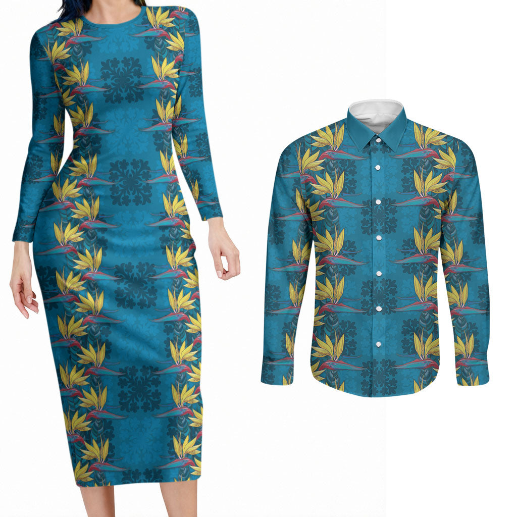 Hawaii Waikiki King Couples Matching Long Sleeve Bodycon Dress and Long Sleeve Button Shirt Blue Quilt With Pua Manu