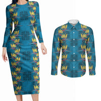 Hawaii Waikiki King Couples Matching Long Sleeve Bodycon Dress and Long Sleeve Button Shirt Blue Quilt With Pua Manu