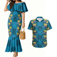 Hawaii Waikiki King Couples Matching Mermaid Dress and Hawaiian Shirt Blue Quilt With Pua Manu