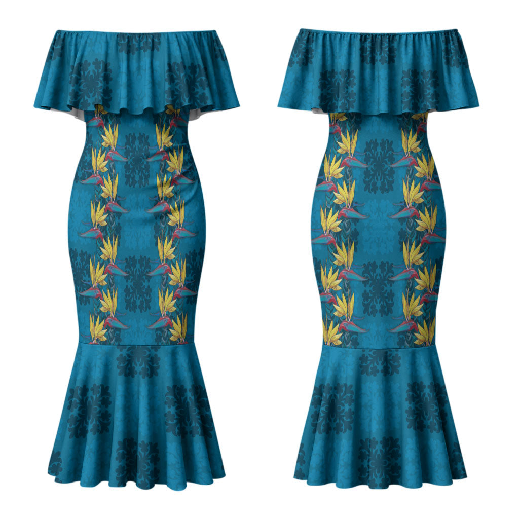Hawaii Waikiki King Couples Matching Mermaid Dress and Hawaiian Shirt Blue Quilt With Pua Manu