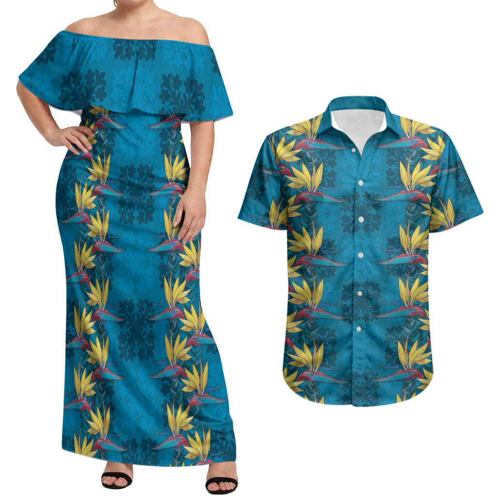 Hawaii Waikiki King Couples Matching Off Shoulder Maxi Dress and Hawaiian Shirt Blue Quilt With Pua Manu