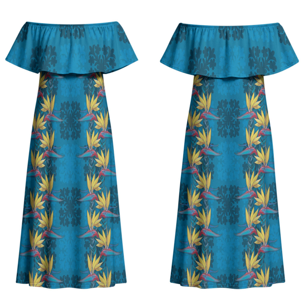Hawaii Waikiki King Couples Matching Off Shoulder Maxi Dress and Long Sleeve Button Shirt Blue Quilt With Pua Manu