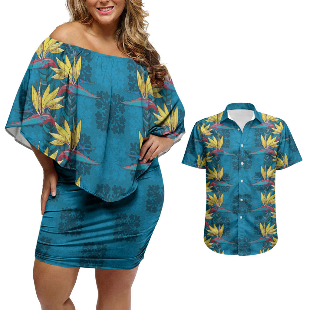 Hawaii Waikiki King Couples Matching Off Shoulder Short Dress and Hawaiian Shirt Blue Quilt With Pua Manu