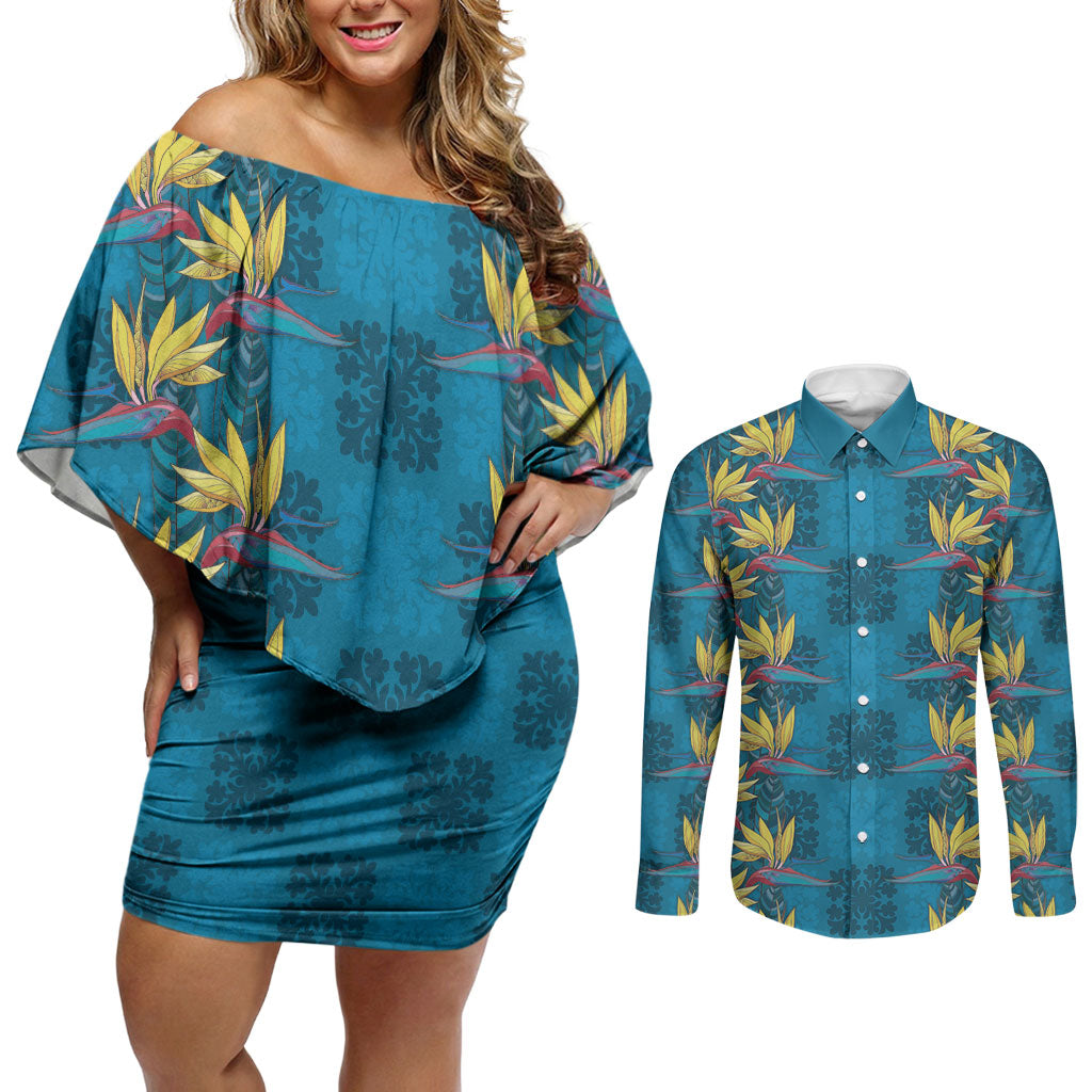 Hawaii Waikiki King Couples Matching Off Shoulder Short Dress and Long Sleeve Button Shirt Blue Quilt With Pua Manu