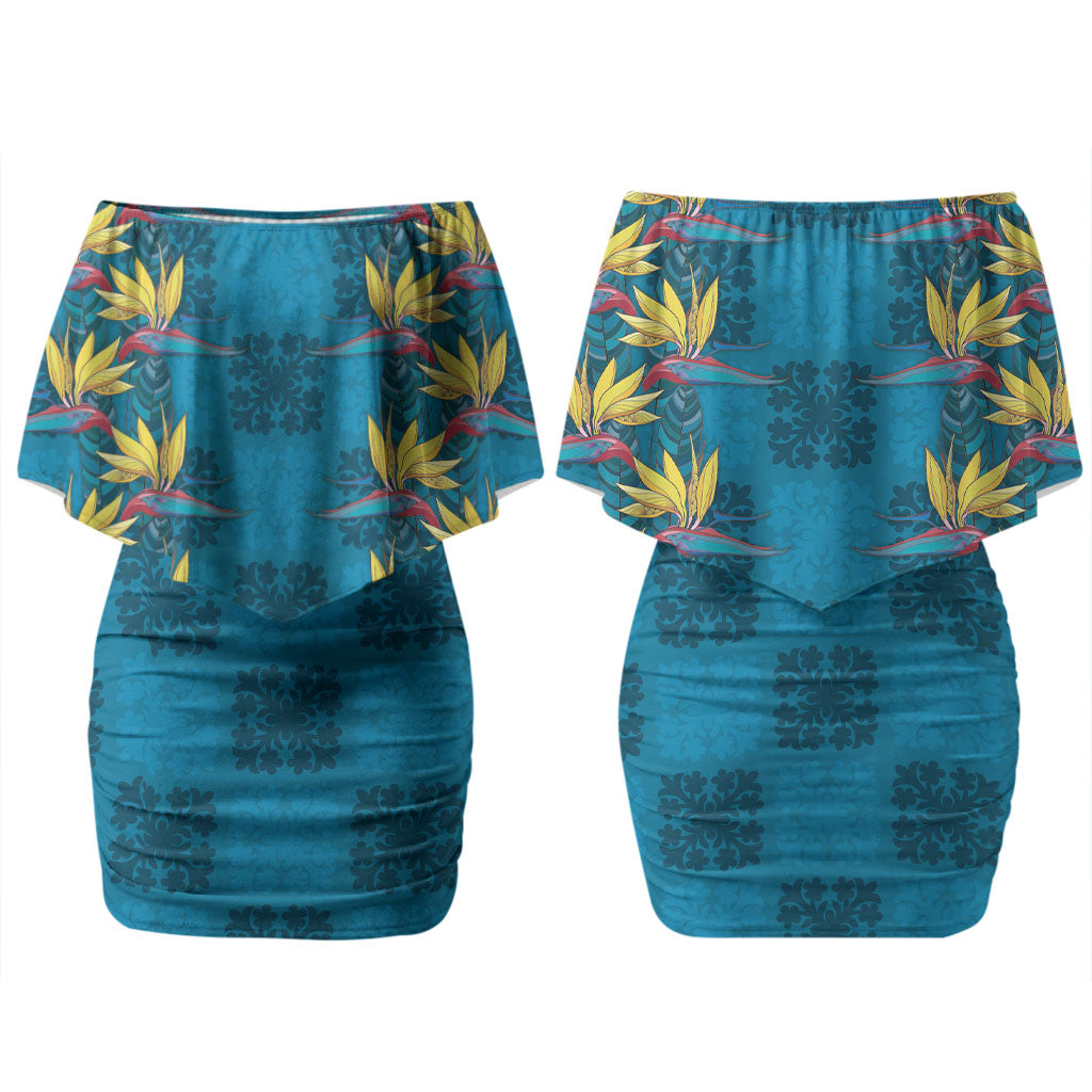 Hawaii Waikiki King Couples Matching Off Shoulder Short Dress and Long Sleeve Button Shirt Blue Quilt With Pua Manu
