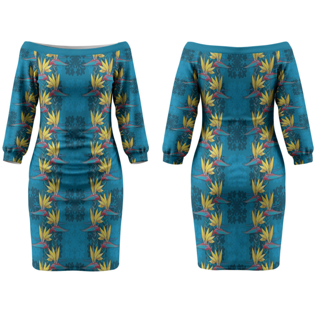 Hawaii Waikiki King Couples Matching Off The Shoulder Long Sleeve Dress and Long Sleeve Button Shirt Blue Quilt With Pua Manu