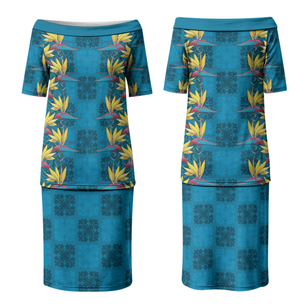 Hawaii Waikiki King Couples Matching Puletasi and Hawaiian Shirt Blue Quilt With Pua Manu