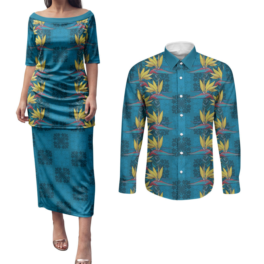 Hawaii Waikiki King Couples Matching Puletasi and Long Sleeve Button Shirt Blue Quilt With Pua Manu