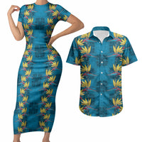 Hawaii Waikiki King Couples Matching Short Sleeve Bodycon Dress and Hawaiian Shirt Blue Quilt With Pua Manu