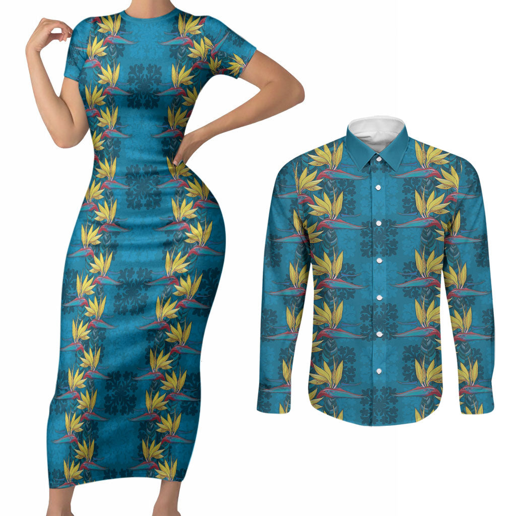 Hawaii Waikiki King Couples Matching Short Sleeve Bodycon Dress and Long Sleeve Button Shirt Blue Quilt With Pua Manu
