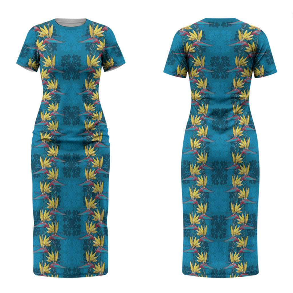 Hawaii Waikiki King Couples Matching Short Sleeve Bodycon Dress and Long Sleeve Button Shirt Blue Quilt With Pua Manu