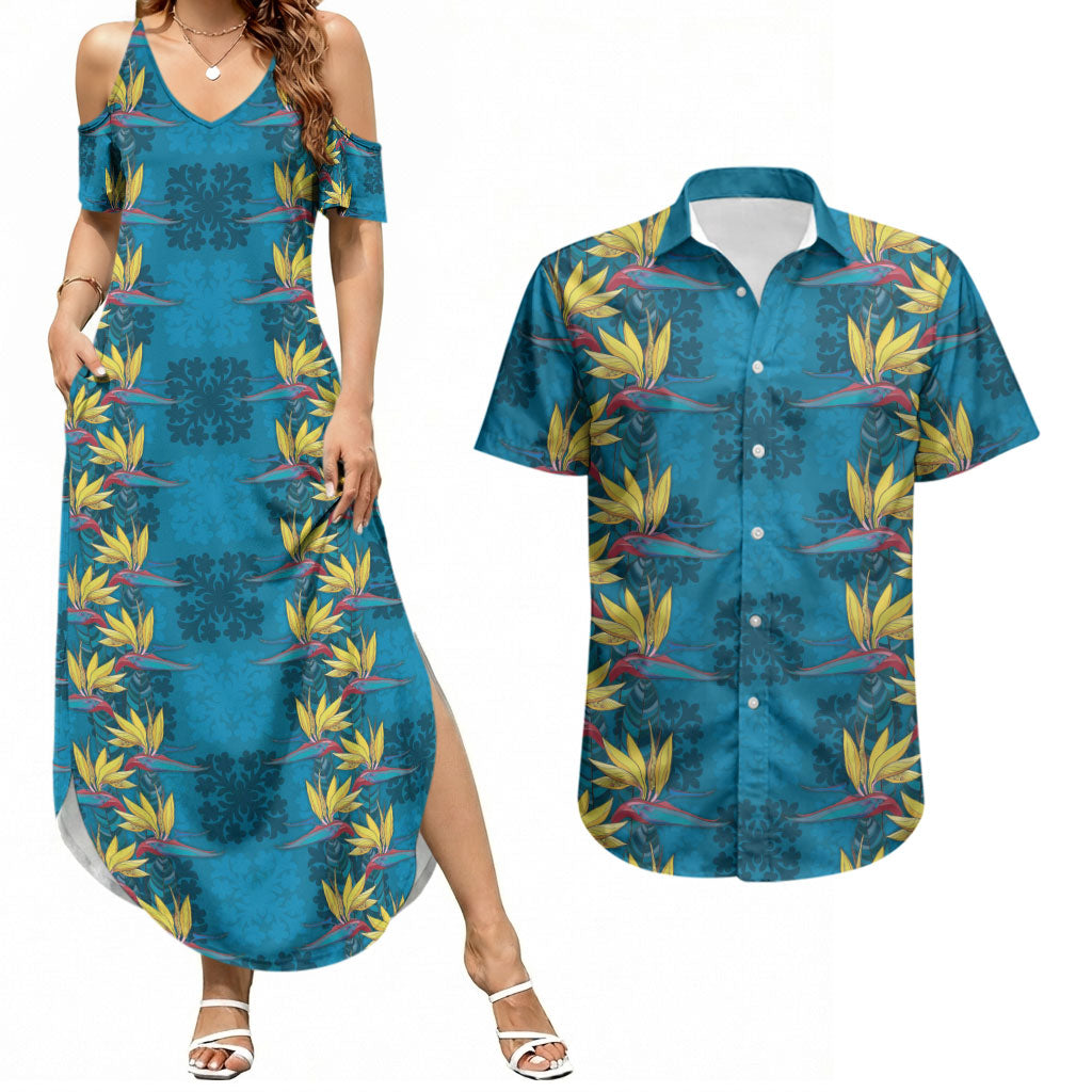 Hawaii Waikiki King Couples Matching Summer Maxi Dress and Hawaiian Shirt Blue Quilt With Pua Manu