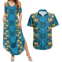 Hawaii Waikiki King Couples Matching Summer Maxi Dress and Hawaiian Shirt Blue Quilt With Pua Manu