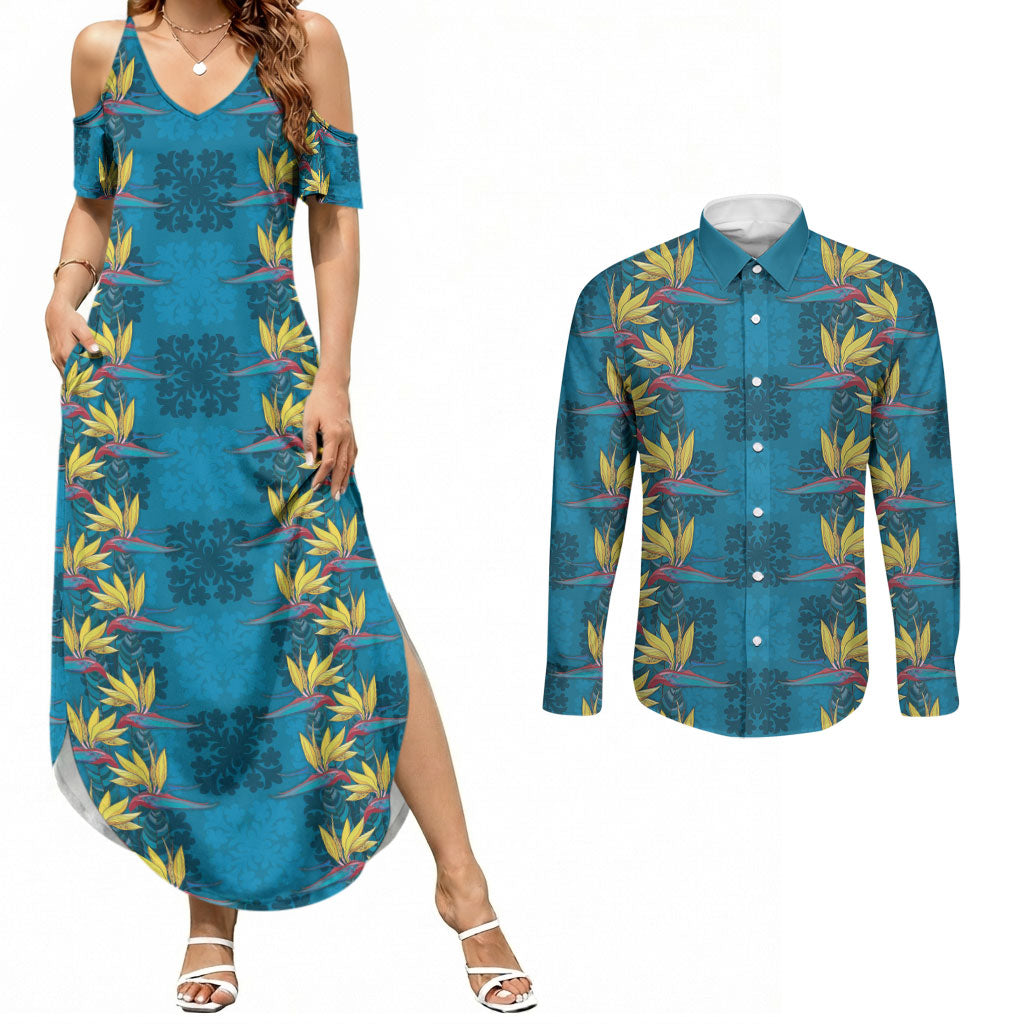 Hawaii Waikiki King Couples Matching Summer Maxi Dress and Long Sleeve Button Shirt Blue Quilt With Pua Manu