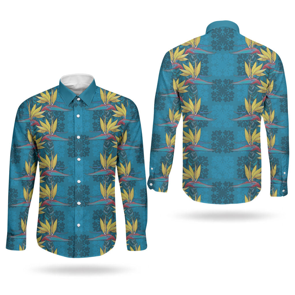 Hawaii Waikiki King Couples Matching Summer Maxi Dress and Long Sleeve Button Shirt Blue Quilt With Pua Manu