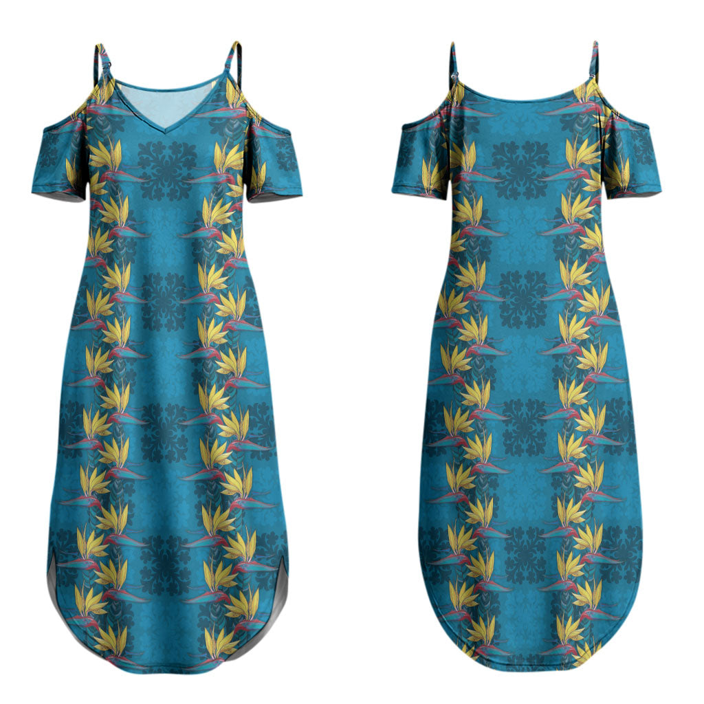 Hawaii Waikiki King Couples Matching Summer Maxi Dress and Long Sleeve Button Shirt Blue Quilt With Pua Manu