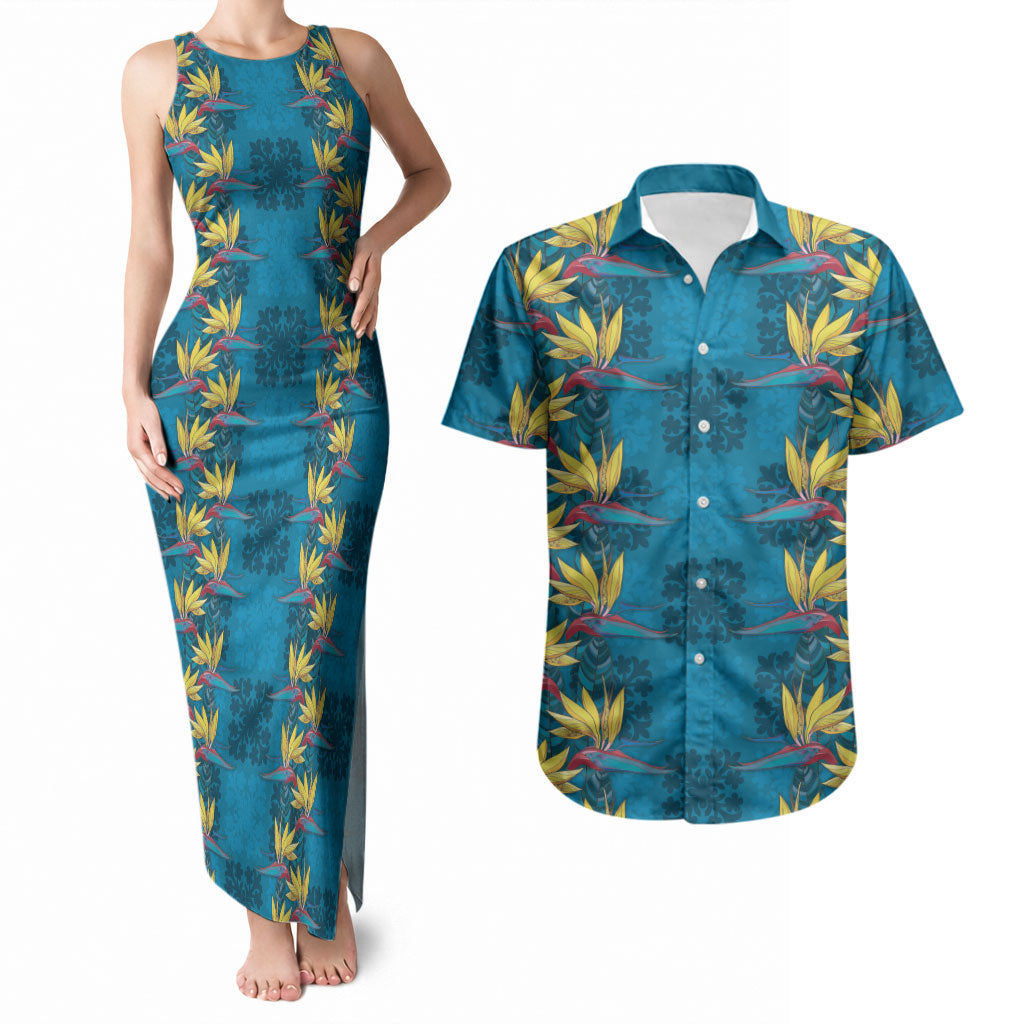 Hawaii Waikiki King Couples Matching Tank Maxi Dress and Hawaiian Shirt Blue Quilt With Pua Manu