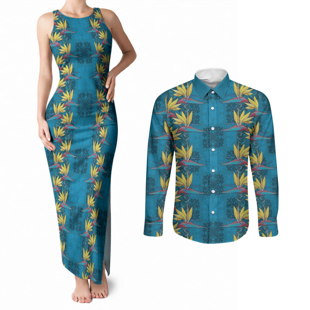 Hawaii Waikiki King Couples Matching Tank Maxi Dress and Long Sleeve Button Shirt Blue Quilt With Pua Manu
