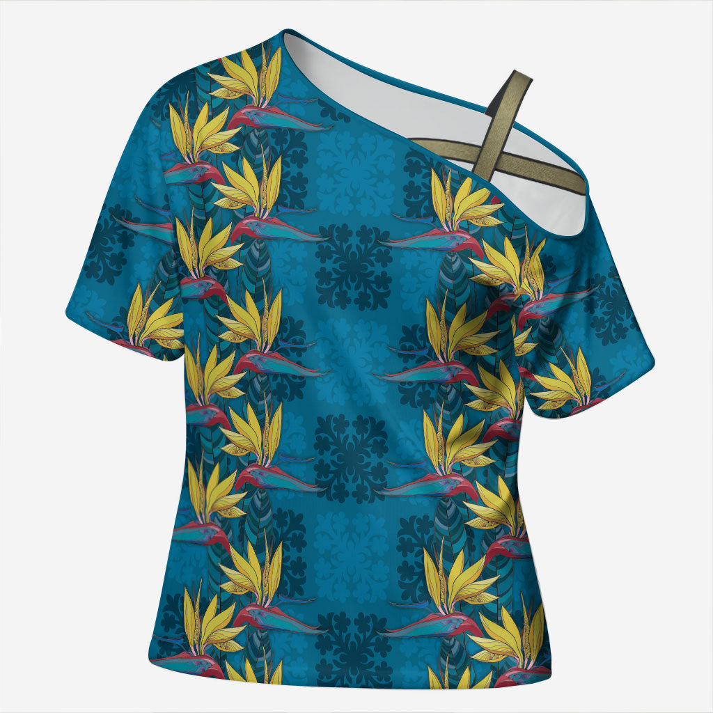Hawaii Waikiki King Cross Shoulder Shirt Blue Quilt With Pua Manu