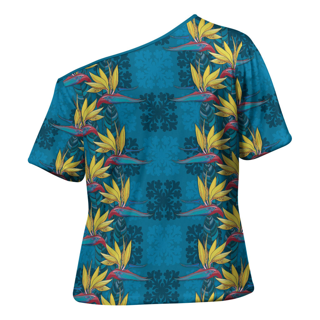Hawaii Waikiki King Cross Shoulder Shirt Blue Quilt With Pua Manu