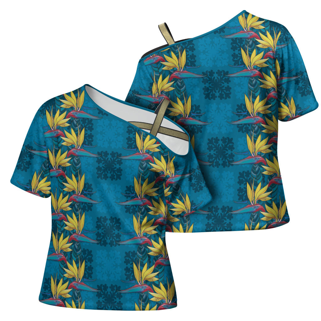 Hawaii Waikiki King Cross Shoulder Shirt Blue Quilt With Pua Manu