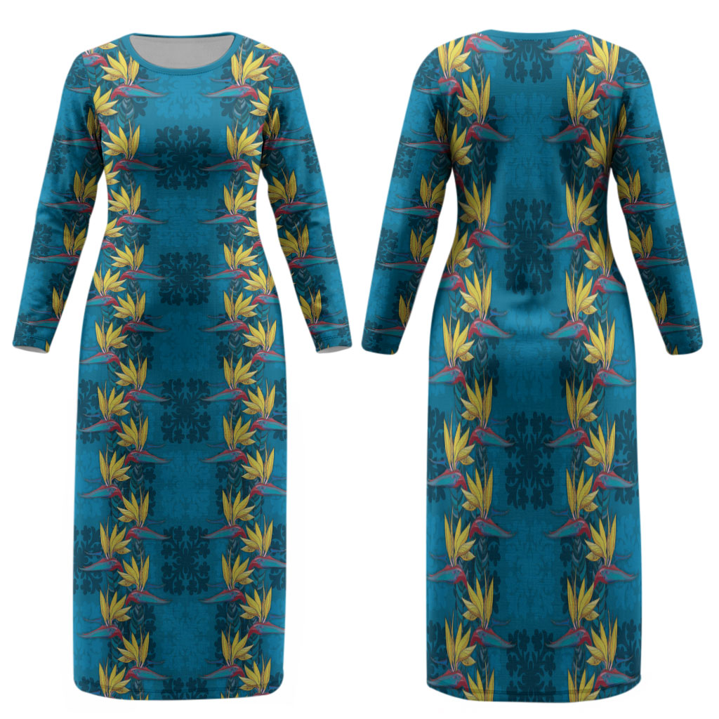 Hawaii Waikiki King Family Matching Long Sleeve Bodycon Dress and Hawaiian Shirt Blue Quilt With Pua Manu