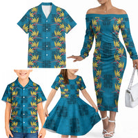 Hawaii Waikiki King Family Matching Off The Shoulder Long Sleeve Dress and Hawaiian Shirt Blue Quilt With Pua Manu