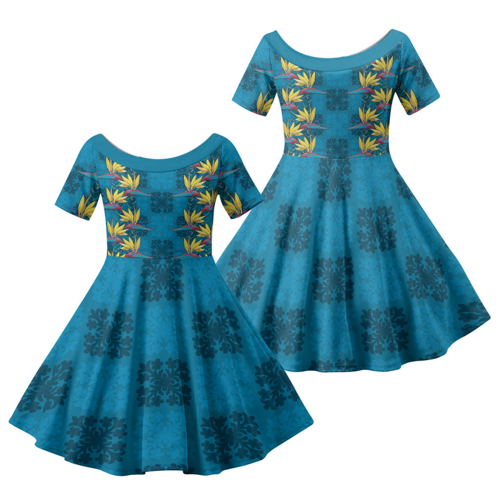 Hawaii Waikiki King Family Matching Off The Shoulder Long Sleeve Dress and Hawaiian Shirt Blue Quilt With Pua Manu
