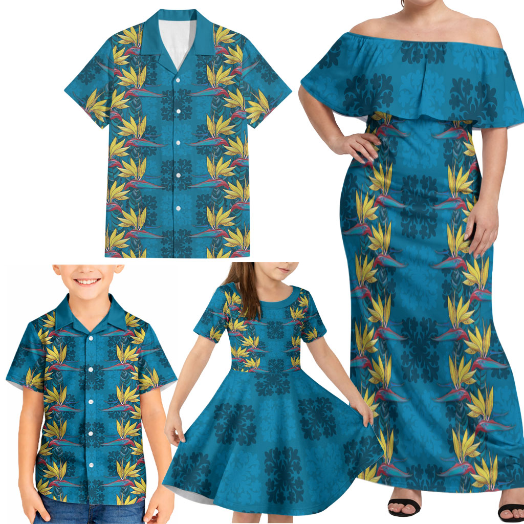 Hawaii Waikiki King Family Matching Off Shoulder Maxi Dress and Hawaiian Shirt Blue Quilt With Pua Manu