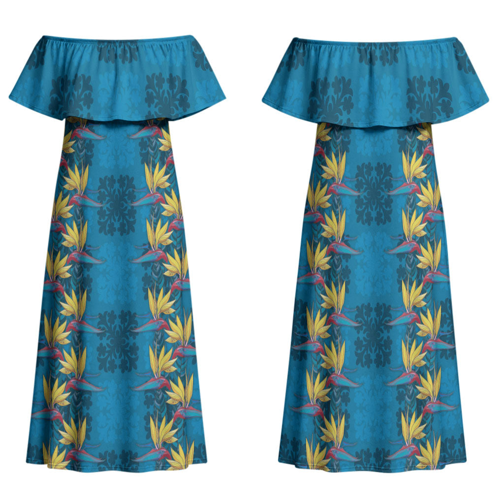 Hawaii Waikiki King Family Matching Off Shoulder Maxi Dress and Hawaiian Shirt Blue Quilt With Pua Manu