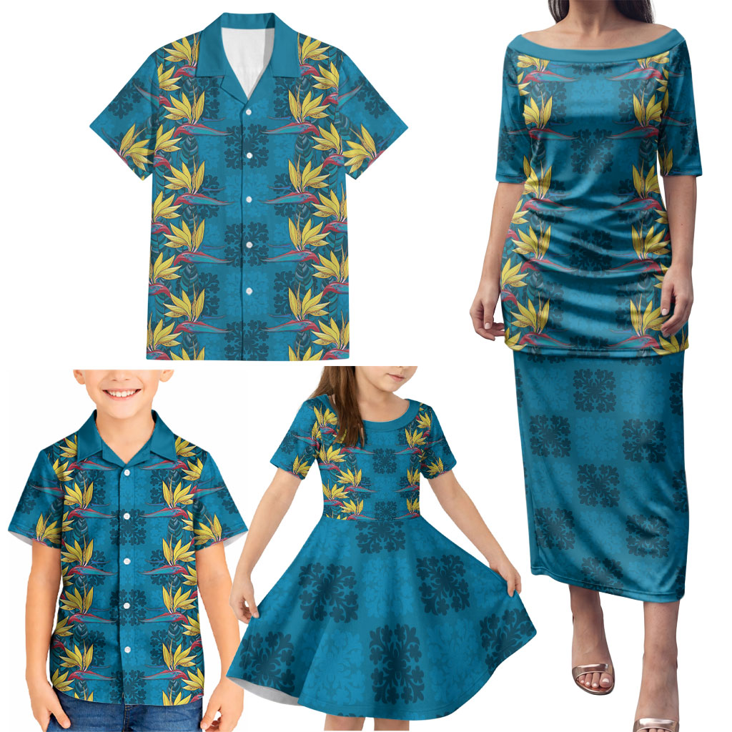 Hawaii Waikiki King Family Matching Puletasi and Hawaiian Shirt Blue Quilt With Pua Manu