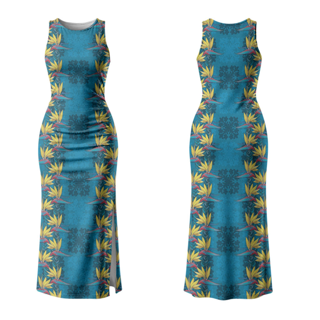 Hawaii Waikiki King Family Matching Tank Maxi Dress and Hawaiian Shirt Blue Quilt With Pua Manu