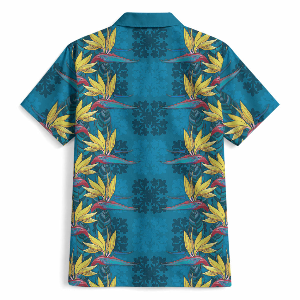 Hawaii Waikiki King Hawaiian Shirt Blue Quilt With Pua Manu