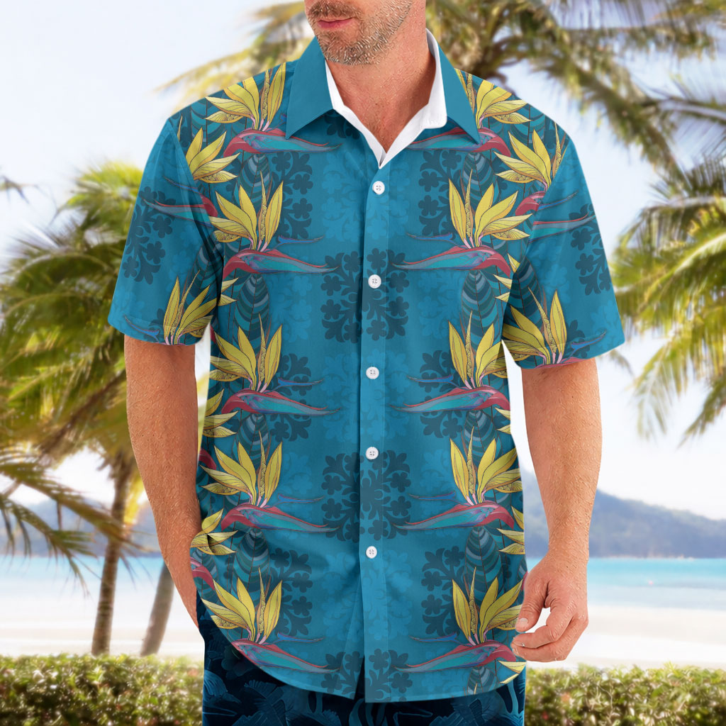 Hawaii Waikiki King Hawaiian Shirt Blue Quilt With Pua Manu