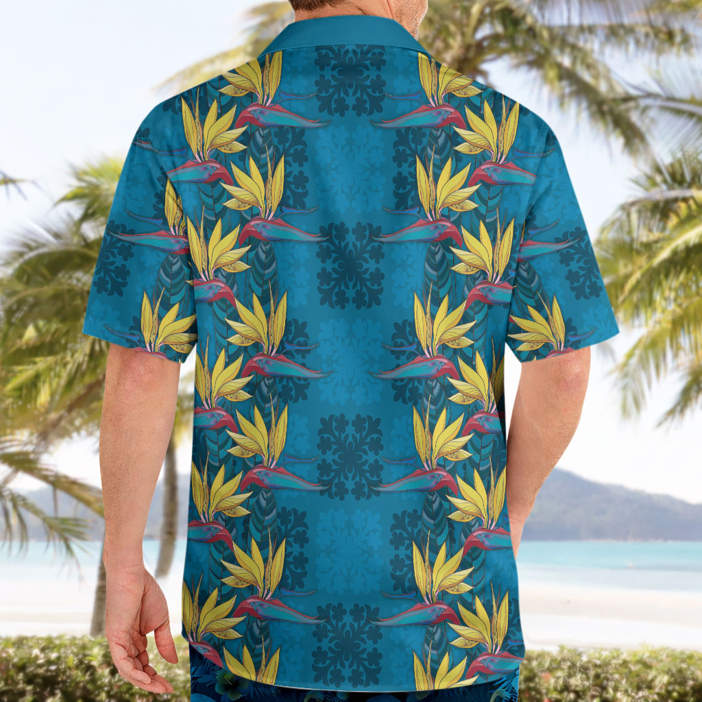 Hawaii Waikiki King Hawaiian Shirt Blue Quilt With Pua Manu