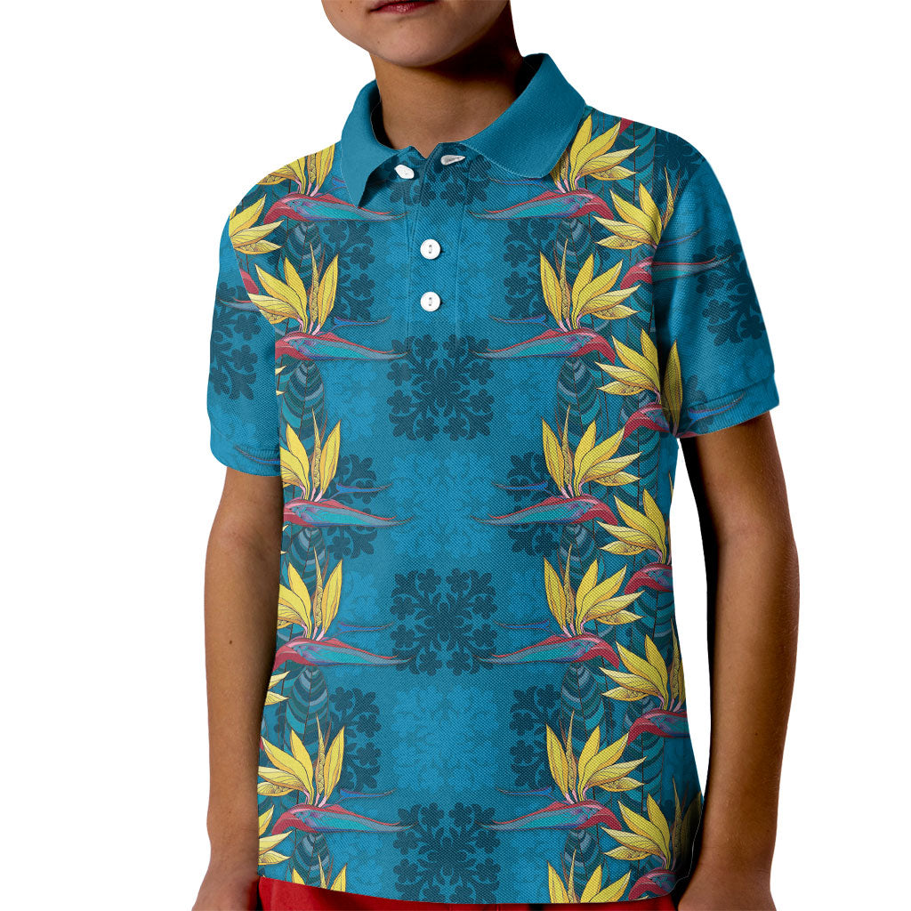 Hawaii Waikiki King Kid Polo Shirt Blue Quilt With Pua Manu