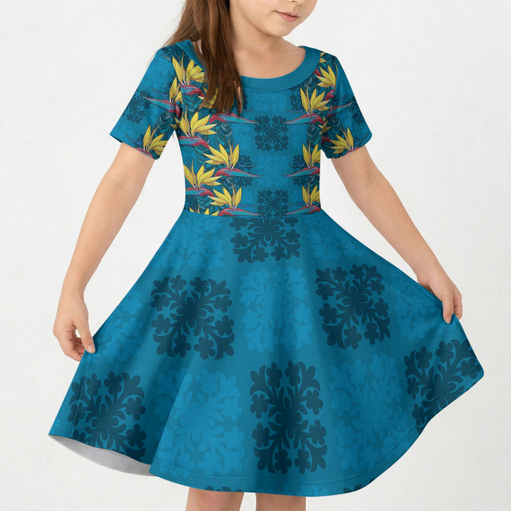 Hawaii Waikiki King Kid Short Sleeve Dress Blue Quilt With Pua Manu