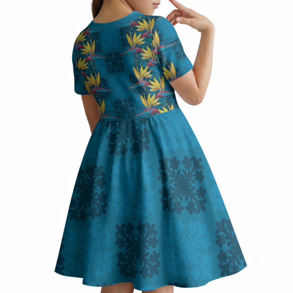 Hawaii Waikiki King Kid Short Sleeve Dress Blue Quilt With Pua Manu