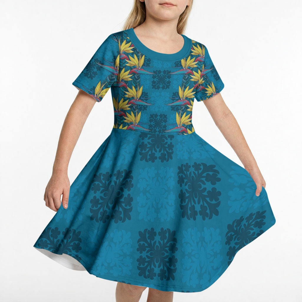 Hawaii Waikiki King Kid Short Sleeve Dress Blue Quilt With Pua Manu