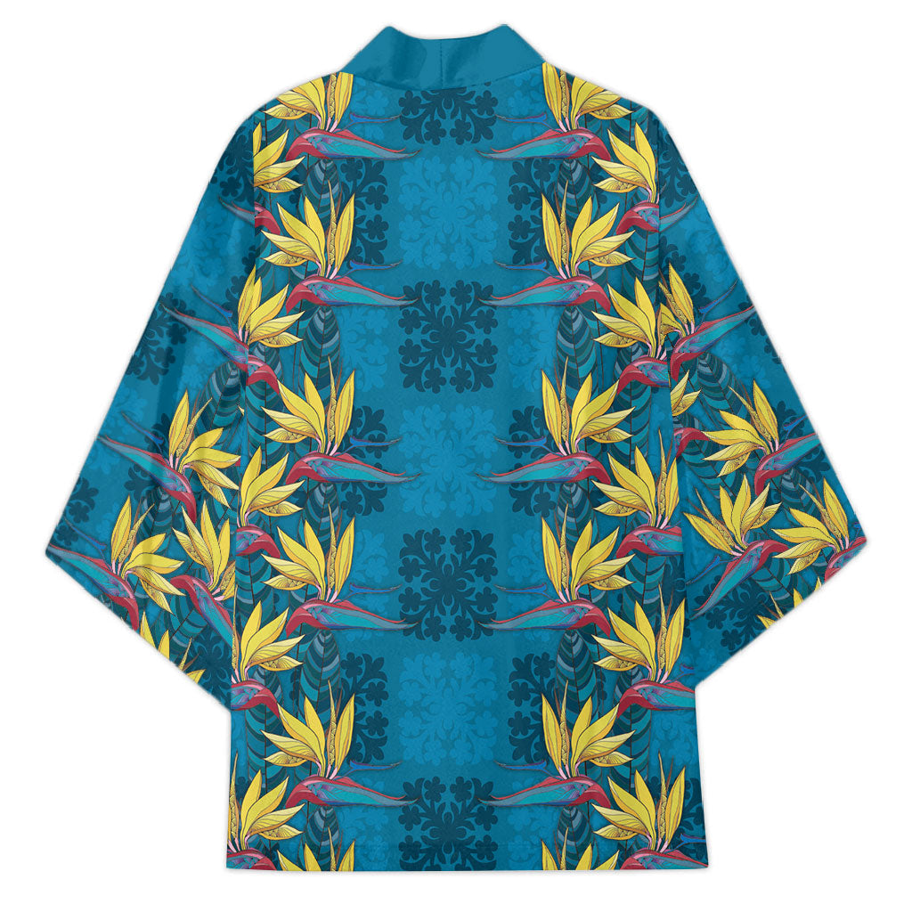 Hawaii Waikiki King Kimono Blue Quilt With Pua Manu