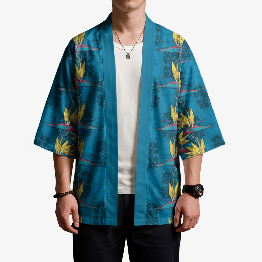 Hawaii Waikiki King Kimono Blue Quilt With Pua Manu