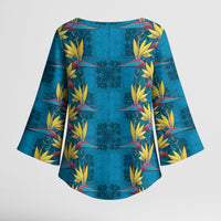 Hawaii Waikiki King Kimono Sleeve Blouse Blue Quilt With Pua Manu