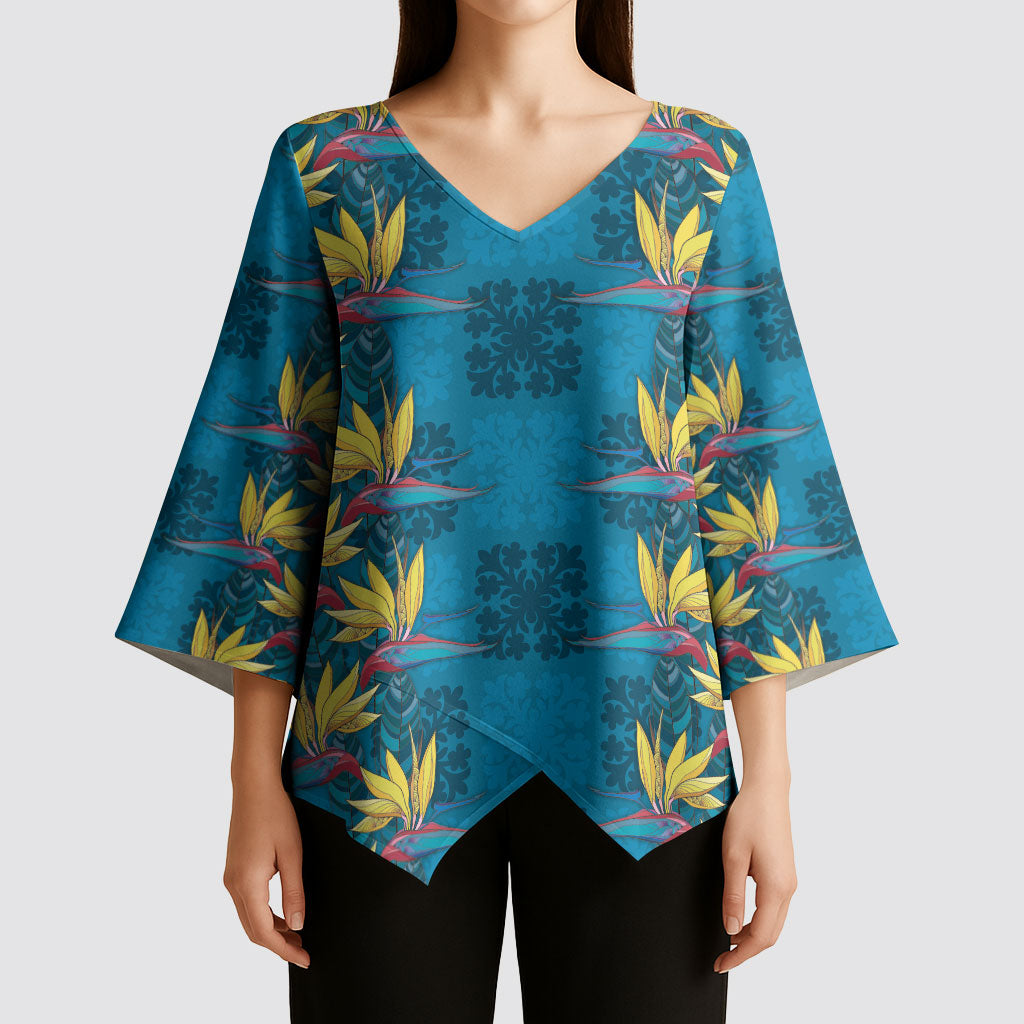 Hawaii Waikiki King Kimono Sleeve Blouse Blue Quilt With Pua Manu