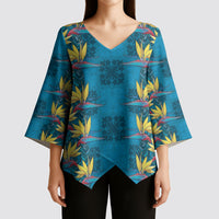 Hawaii Waikiki King Kimono Sleeve Blouse Blue Quilt With Pua Manu